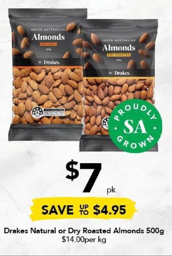 Drakes Drakes Natural or Dry Roasted Almonds 500g offer