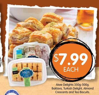 Akee Delights 350g-500g Baklava, Turkish Delight, Almond Crescents and Tea Biscuits