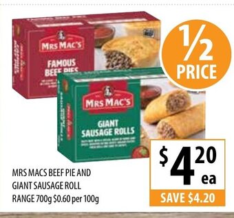 Supabarn Mrs Macs Beef Pie and Giant Sausage Roll Range 700g offer