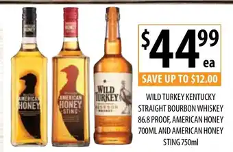 Supabarn Wild Turkey Kentucky Straight Bourbon Whiskey 86.8% Proof , American Honey 700ml and American Honey Sting 750ml offer