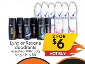 Cheap as Chips Lynx or Rexona Deodorant Assorted 100-150g offer