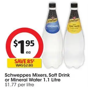 Coles Schweppes Mixers, Soft Drink or Mineral Water 1.1 Litre offer