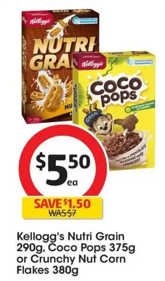Coles Kellogg's Nutri Grain 290g, Coco Pops 375g or Crunchy Nut Corn Flakes 380g offer