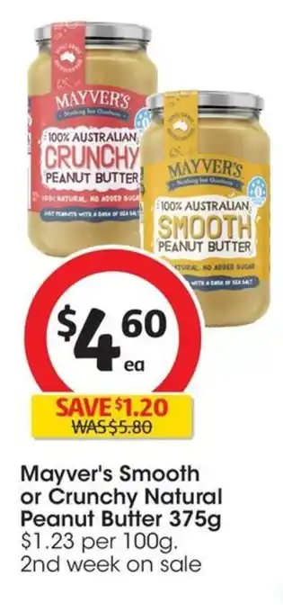 Coles Mayver's Smooth or Crunchy Natural Peanut Butter 375g offer