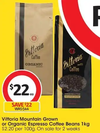 Coles Vittoria Mountain Grown or Organic Espresso Coffee Beans 1kg offer