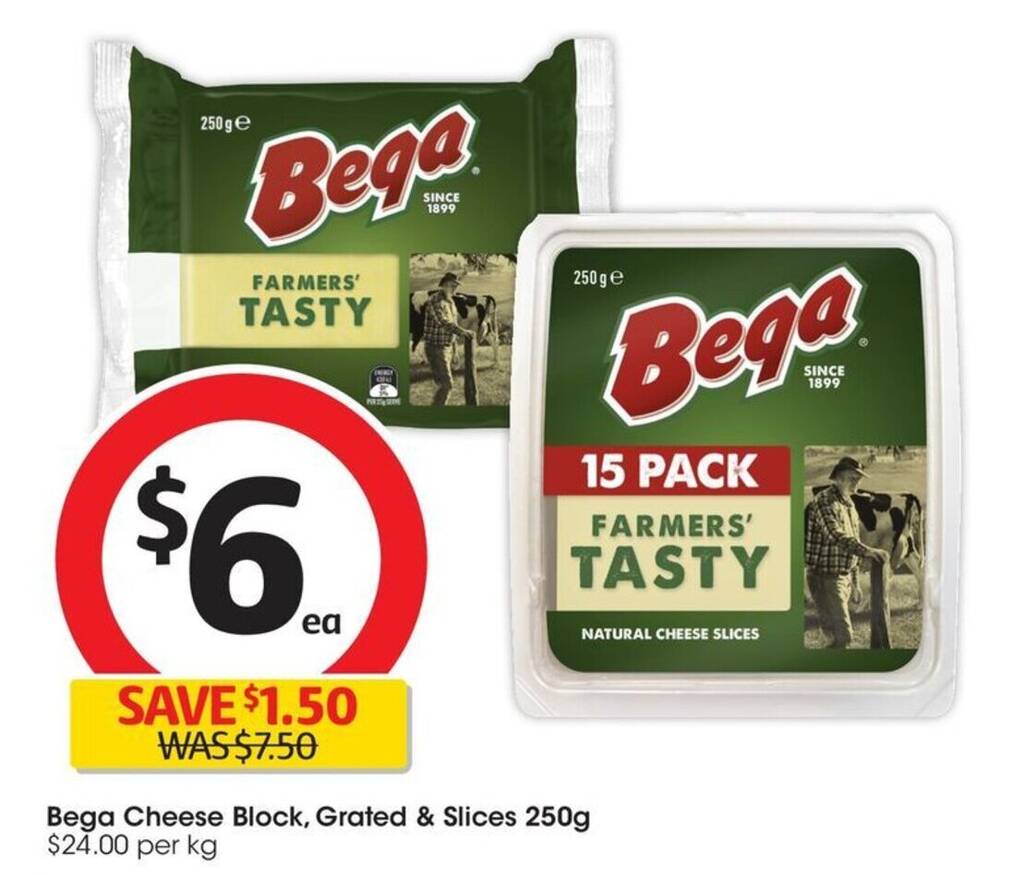 Bega Cheese Block, Grated & Slices 250g offer at Coles