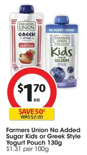 Coles Farmers Union No Added Sugar Kids or Greek Style Yogurt Pouch 130g offer