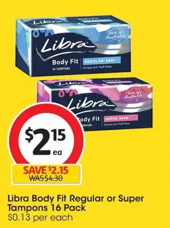 Coles Libra Body Fit Regular or Super Tampons 16 Pack offer