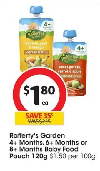 Coles Rafferty's Garden 4+ Months, 6+ Months or 8+ Months Baby Food Pouch 120g offer