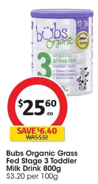Coles Bubs Organic Grass Fed Stage 3 Toddler Milk Drink 800g offer