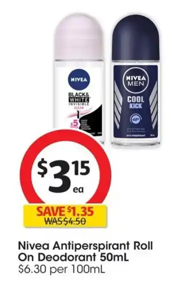 Coles Nivea Antiperspirant Roll On Deodorant 50mL offer