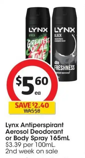 Coles Lynx Antiperspirant Aerosol Deodorant or Body Spray 165mL offer