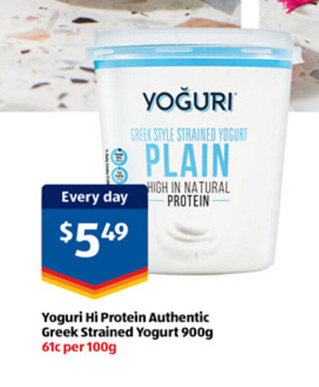Yoguri Hi Protein Authentic Greek Strained Yogurt 900g offer at ALDI