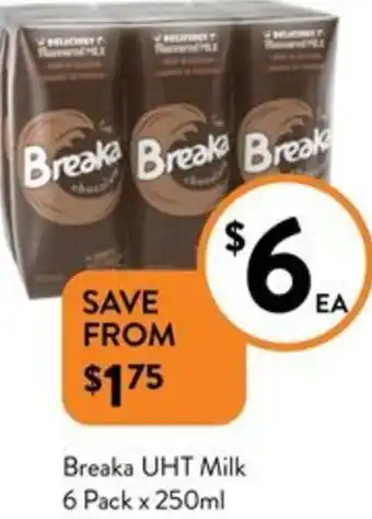 Foodworks Breaka UHT Milk 6 Pack x 250ml offer