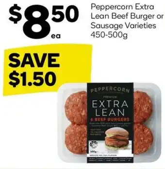 Woolworths Peppercorn Extra Lean Beef Burger or Sausage Varieties 450-500g offer
