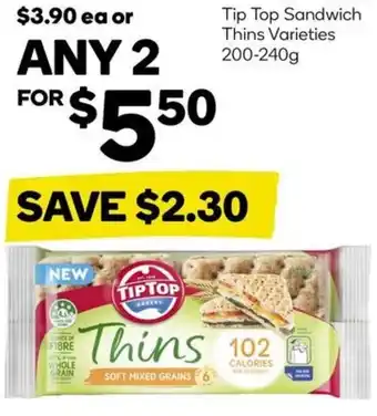 Woolworths Tip Top Sandwich Thins Varieties 200-240g offer