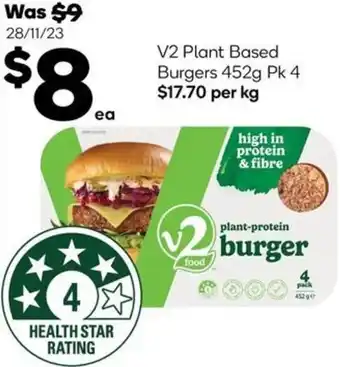Woolworths V2 Plant Based Burgers 452g Pk 4 offer