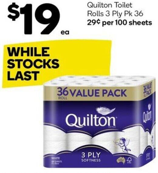 Quilton Toilet Rolls 3 Ply Pk 36 offer at Woolworths