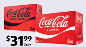 ALDI Coca-Cola Classic or Zero Sugar 36 x Coca-Cola Classic or Zero Sugar 36 x 375ml $2.37 per litre offer