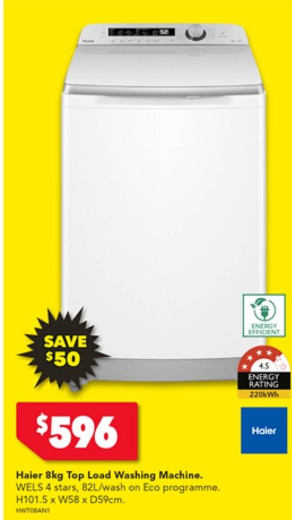 Haier 8kg Top Load Washing Machine. WELS 4 stars, 82L/wash on Eco programme. H101.5 x W58 x