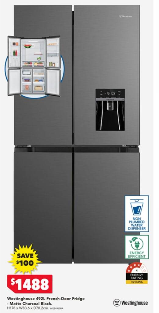 Westinghouse 492L FrenchDoor Fridge Matte Charcoal Black. offer at