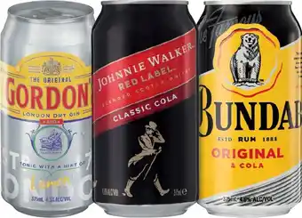 IGA Gordonu2019s Gin & Tonic 4.5%, Johnnie Walker Red & Cola 4.6% or Bundaberg Rum U.P. & Cola 4.6% Varieties 10 Pack offer