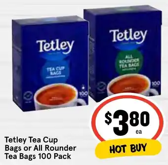 IGA Tetley Tea Cup Bags or All Rounder Tea Bags 100 Pack offer