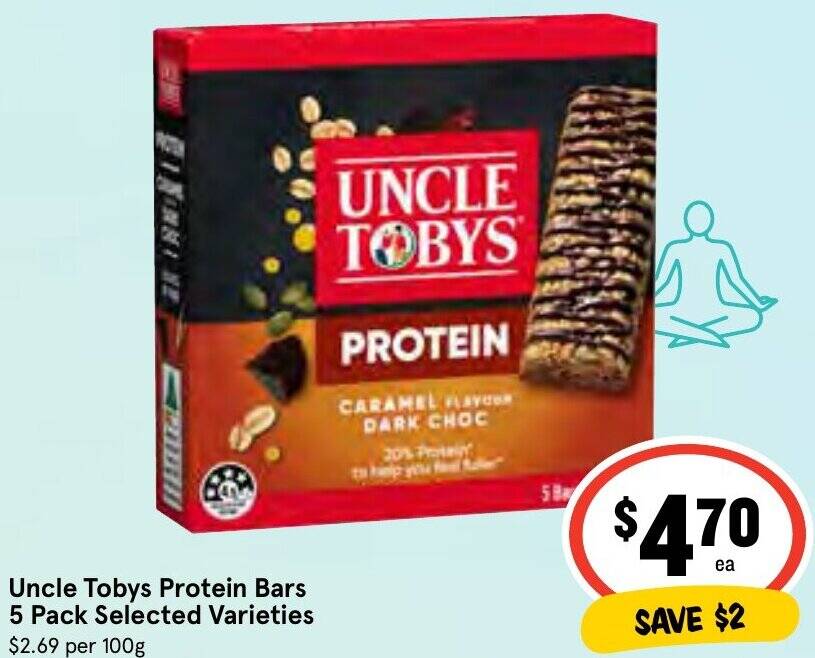 Uncle Tobys Protein Bars 5 Pack Selected Varieties offer at IGA