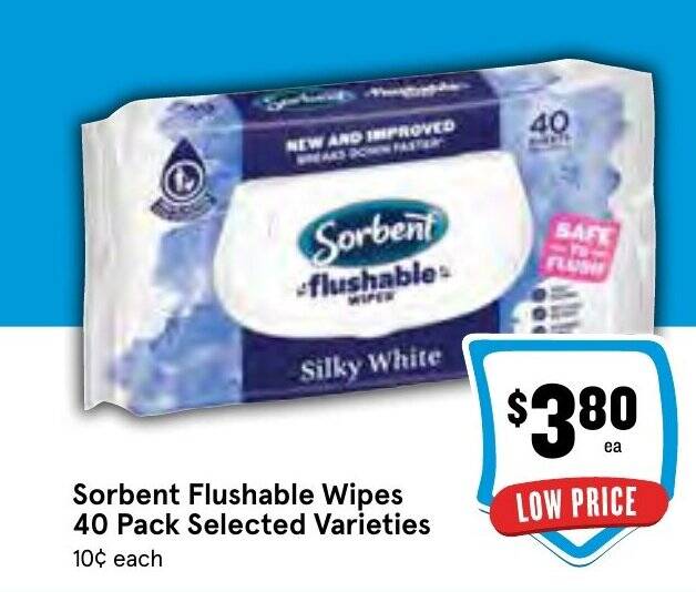 Sorbent Flushable Wipes 40 Pack Selected Varieties offer at IGA