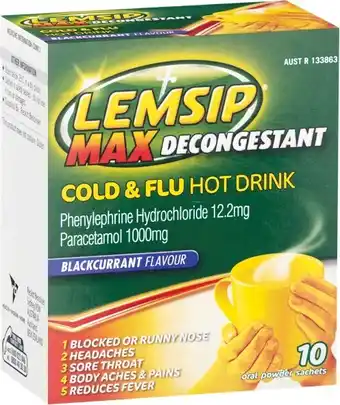 Woolworths Lemsip Max Cold & Flu Decongestant Hot Drink Lemon or Blackcurrant Pk 10# offer