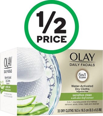Woolworths Olay Daily Facials Sensitive Clean Water-Activated Dry Cloths Pk 33 offer