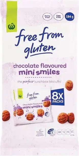 Woolworths Woolworths Free From Gluten Mini Smiles, Cookies or Crackers 184-200g Pk 8 u2013 From the Health Food Aisle offer