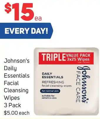 Foodland Johnson's Daily Essentials Facial Cleansing Wipes 3 Pack offer