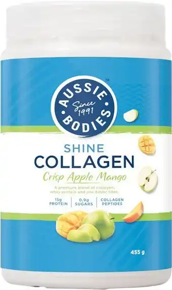 Woolworths Aussie Bodies Shine Collagen Wild Berry Burst or Crisp Apple Mango 455g~ offer