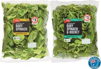 Coles Coles Australian Baby Spinach, Baby Rocket, Baby Spinach & Rocket or Butter Leaf Blend 120g Pack offer