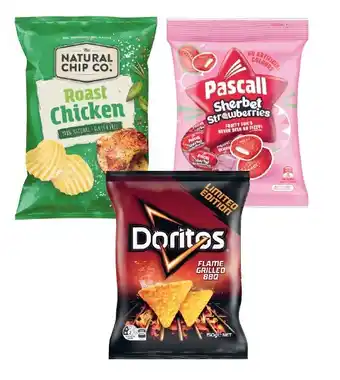 Coles Doritos Corn Chips 150g-170g, Smithu2019s Chips 6 Pack 114g, Jumpyu2019s Snacks 5 Pack 90g, Pascall Bag 160g-350g or The Natu offer