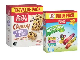 Coles Uncle Tobys Roll Ups Value 15 Pack or Muesli Bars Value 18 Pack offer