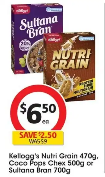 Coles Kellogg's Nutri Grain 470g, Coco Pops Chex 500g or Sultana Bran 700g offer