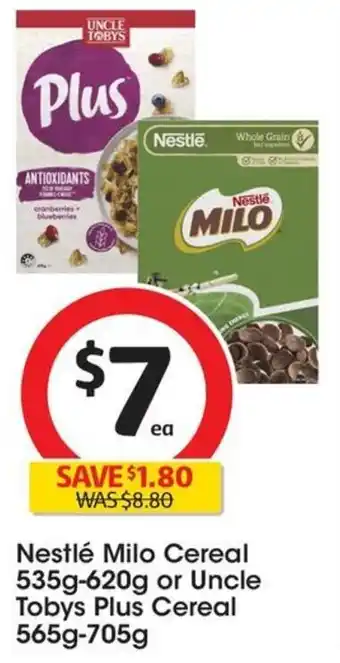 Coles Nestlé Milo Cereal 535g-620g or Uncle Tobys Plus Cereal 565g-705g offer
