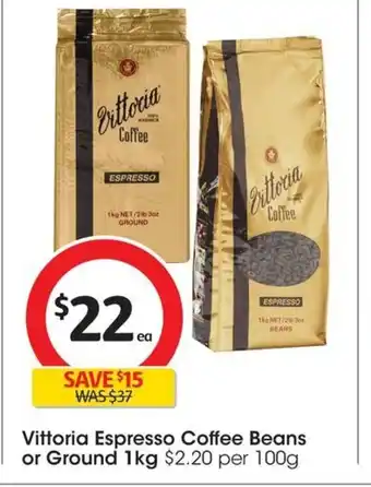 Coles Vittoria Espresso Coffee Beans or Ground 1kg offer