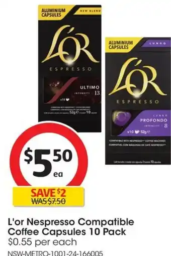 Coles L'or Nespresso Compatible Coffee Capsules 10 Pack offer