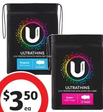 Coles U By Kotex Ultra Thin Pads with Wings Regular 14 Pack or Super 12 Pack offer