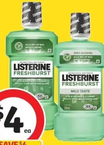 Coles Listerine Mouthwash Freshburst or Freshburst Zero 500mL offer