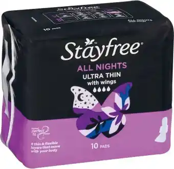 Coles Stayfree All Night Ultra Thin Pads with Wings 10 Pack offer