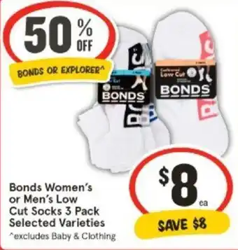 IGA Bonds Women's or Men's Low Cut Socks 3 Pack offer