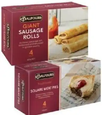 Drakes Balfours Traditional Meat Pies or Giant Sausage Rolls 4 Pack offer