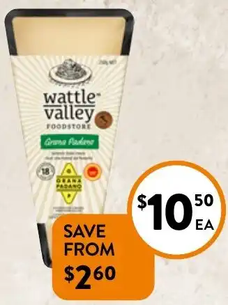 Foodworks Wattle Valley Grana Padano Cheese 250g offer