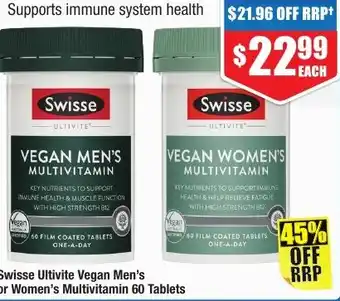 Chemist Warehouse Swisse Ultivite Vegan Men's or Women's Multivitamin 60 Tablets offer