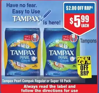 Tampax Pearl Compak Regular or Super 18 Pack