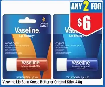 Vaseline Lip Balm Cocoa Butter or Original Stick 4.8g